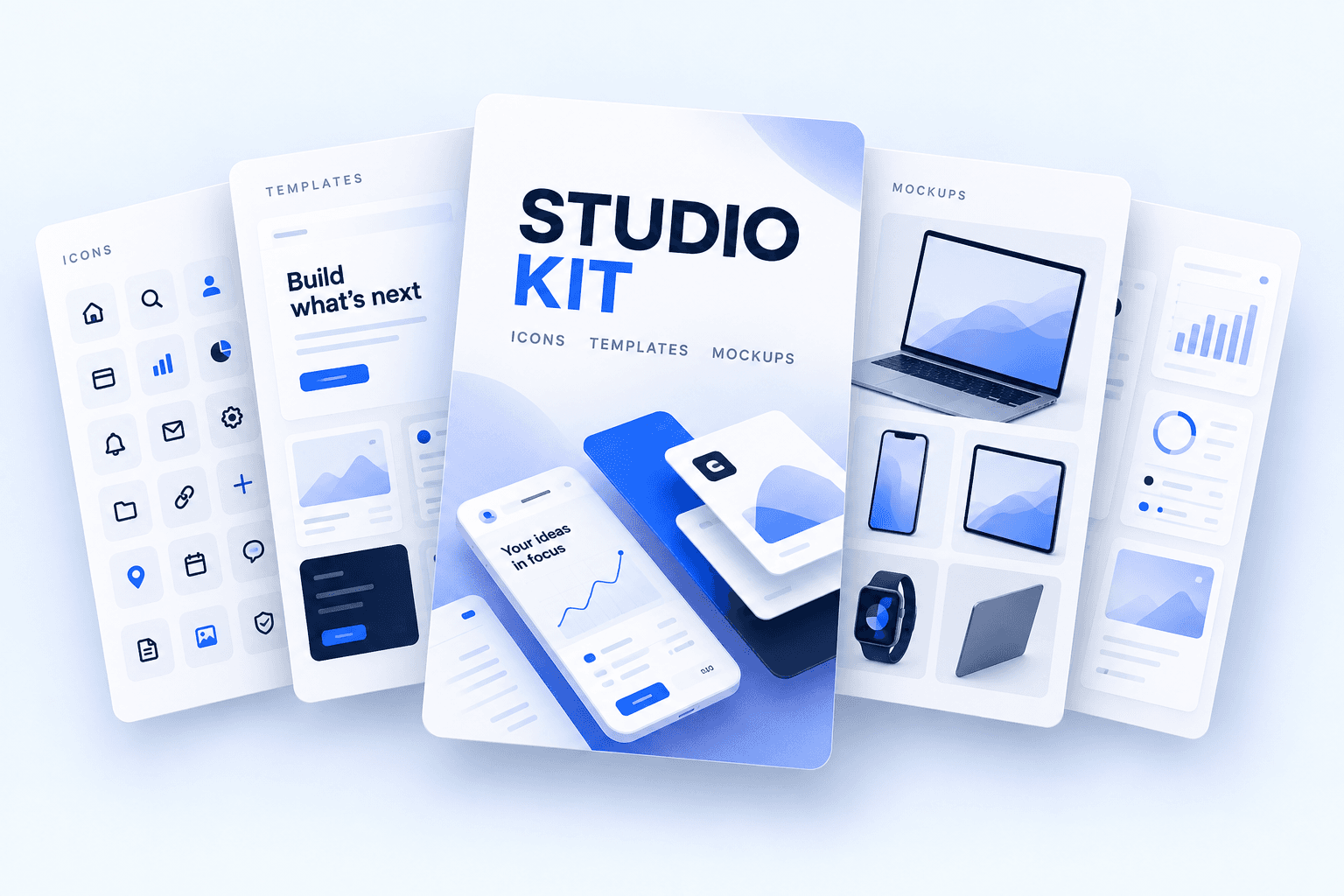 Studio Kit design toolkit preview with icons, templates, and device mockups